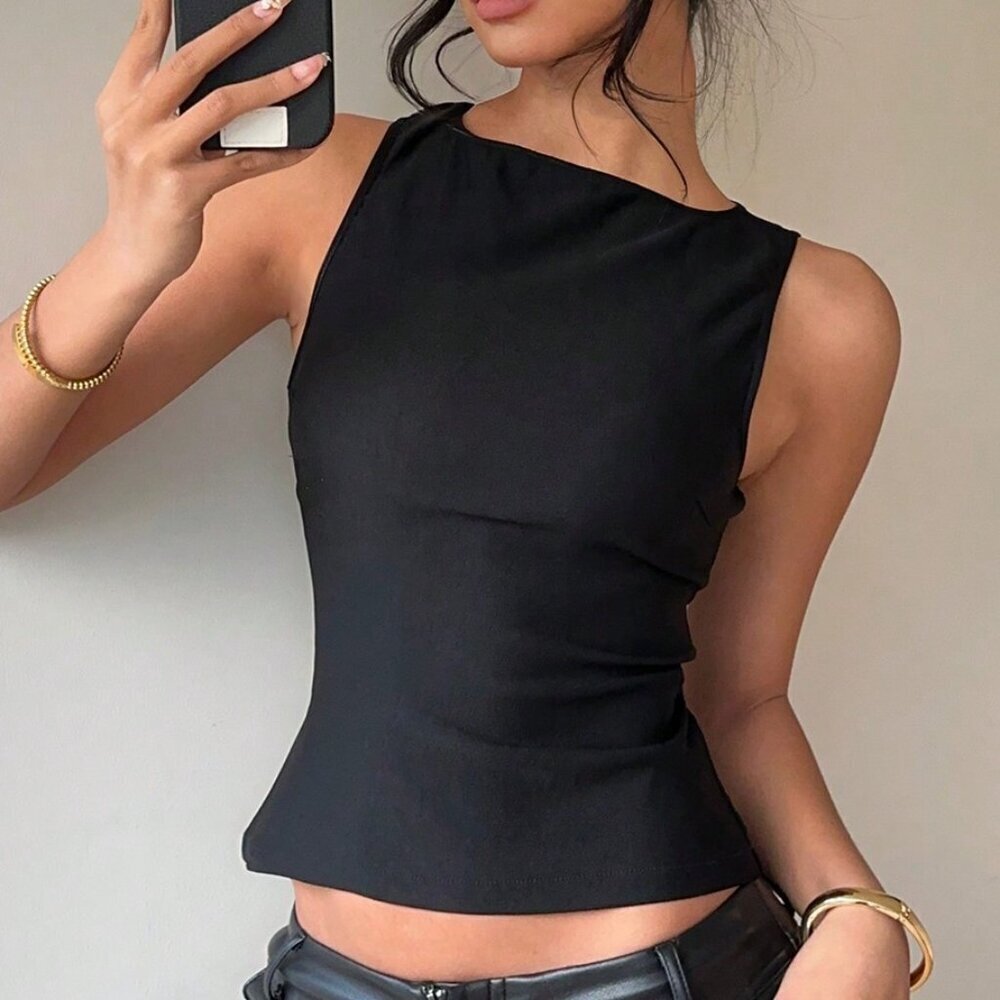 Black Casual Women's Backless Bowknot Round Neck Sleeveless Blouse